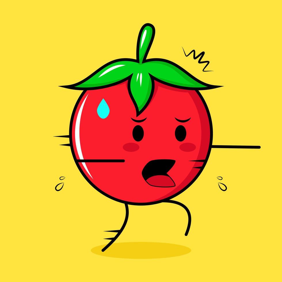 süßer tomatencharakter mit ängstlichem ausdruck und lauf. grün, rot und gelb. geeignet für Emoticon, Logo, Maskottchen vektor