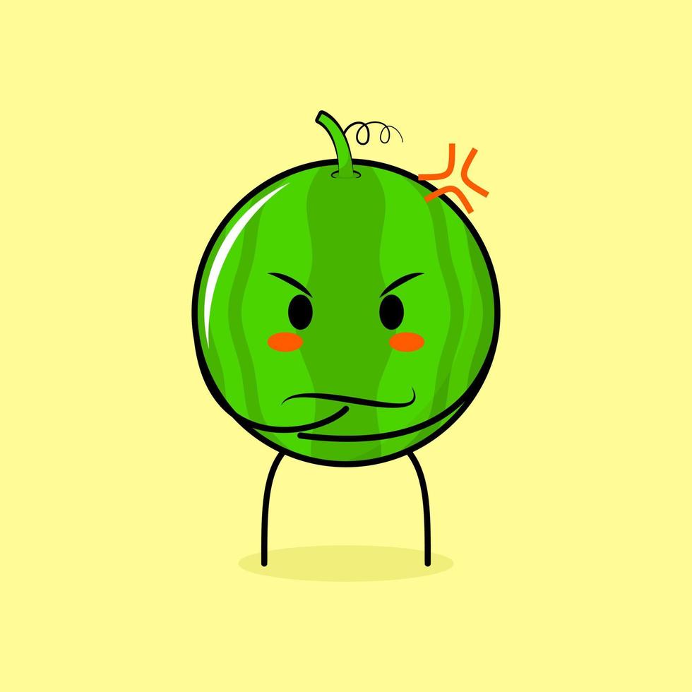 süßer wassermelonencharakter mit wütendem ausdruck. grün und gelb. geeignet für Emoticon, Logo, Maskottchen. eine Hand am Kinn vektor