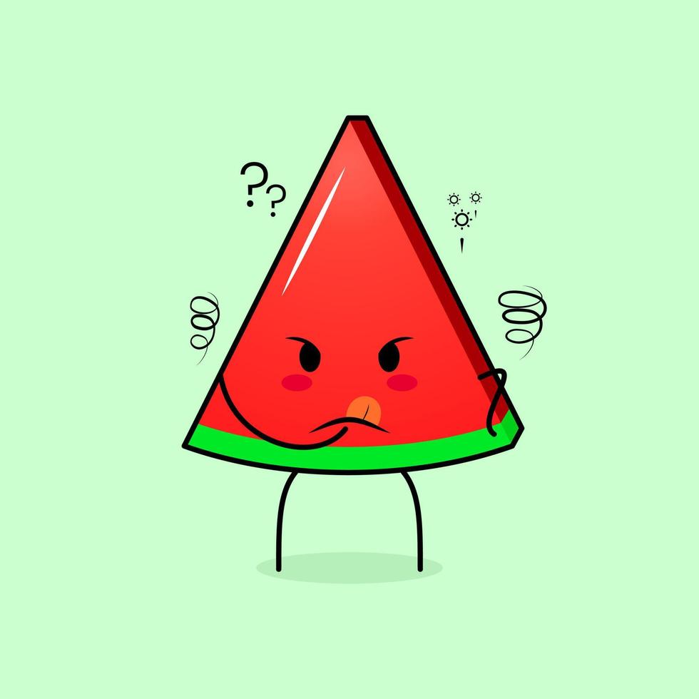 söt vattenmelon skiva karaktär med tänkande uttryck och hand placerad på hakan. grönt och rött. lämplig för uttryckssymbol, logotyp, maskot vektor