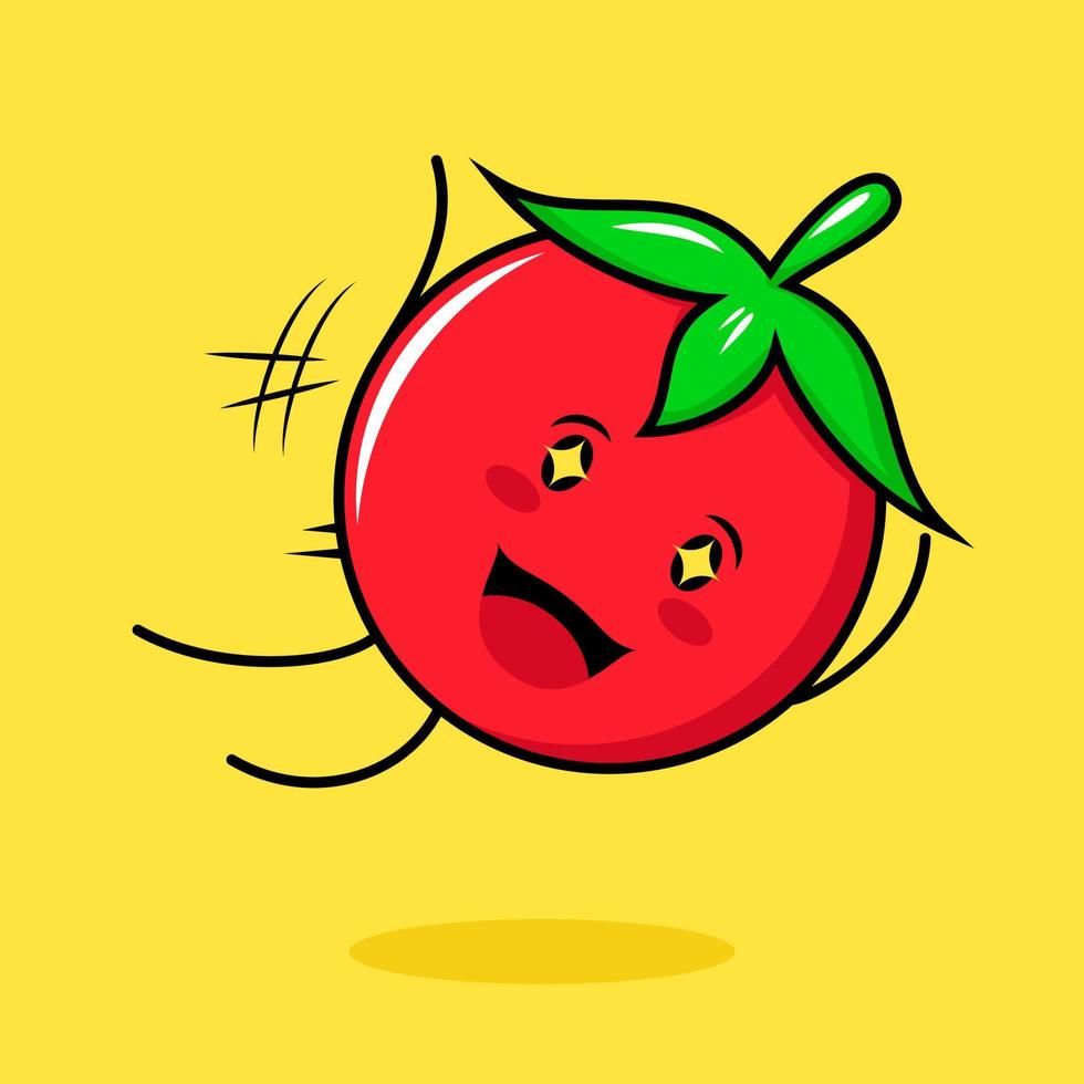süßer tomatencharakter mit fröhlichem ausdruck, springfliege, offenem mund und funkelnden augen. grün, rot und gelb. geeignet für Emoticon, Logo, Maskottchen vektor