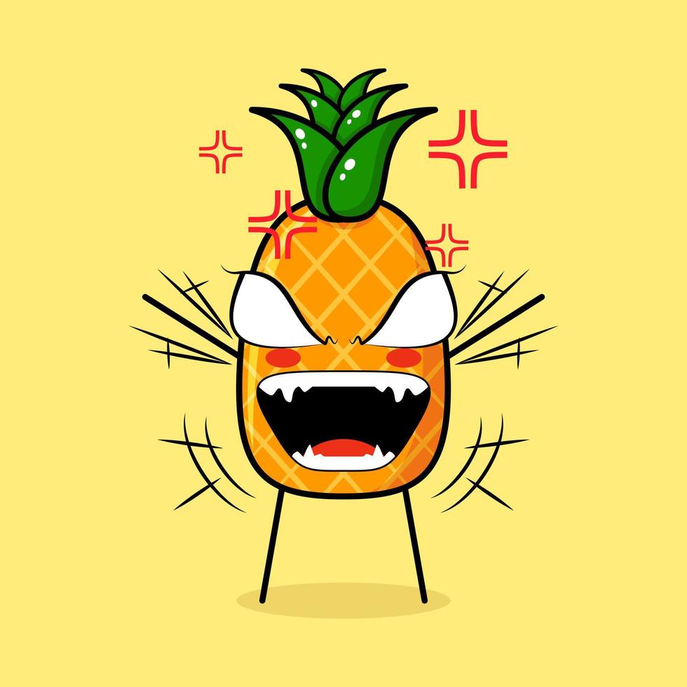 söt ananas karaktär med argt uttryck. båda händerna höjda, ögonen buktande och munnen vidöppen. grönt och gult. lämplig för uttryckssymbol, logotyp, maskot vektor