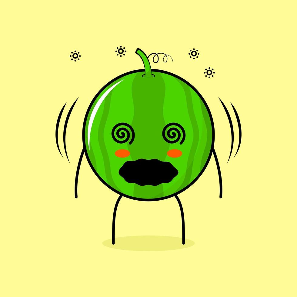 süßer wassermelonencharakter mit schwindligem ausdruck und rollenden augen. grün und gelb. geeignet für Emoticon, Logo, Maskottchen vektor