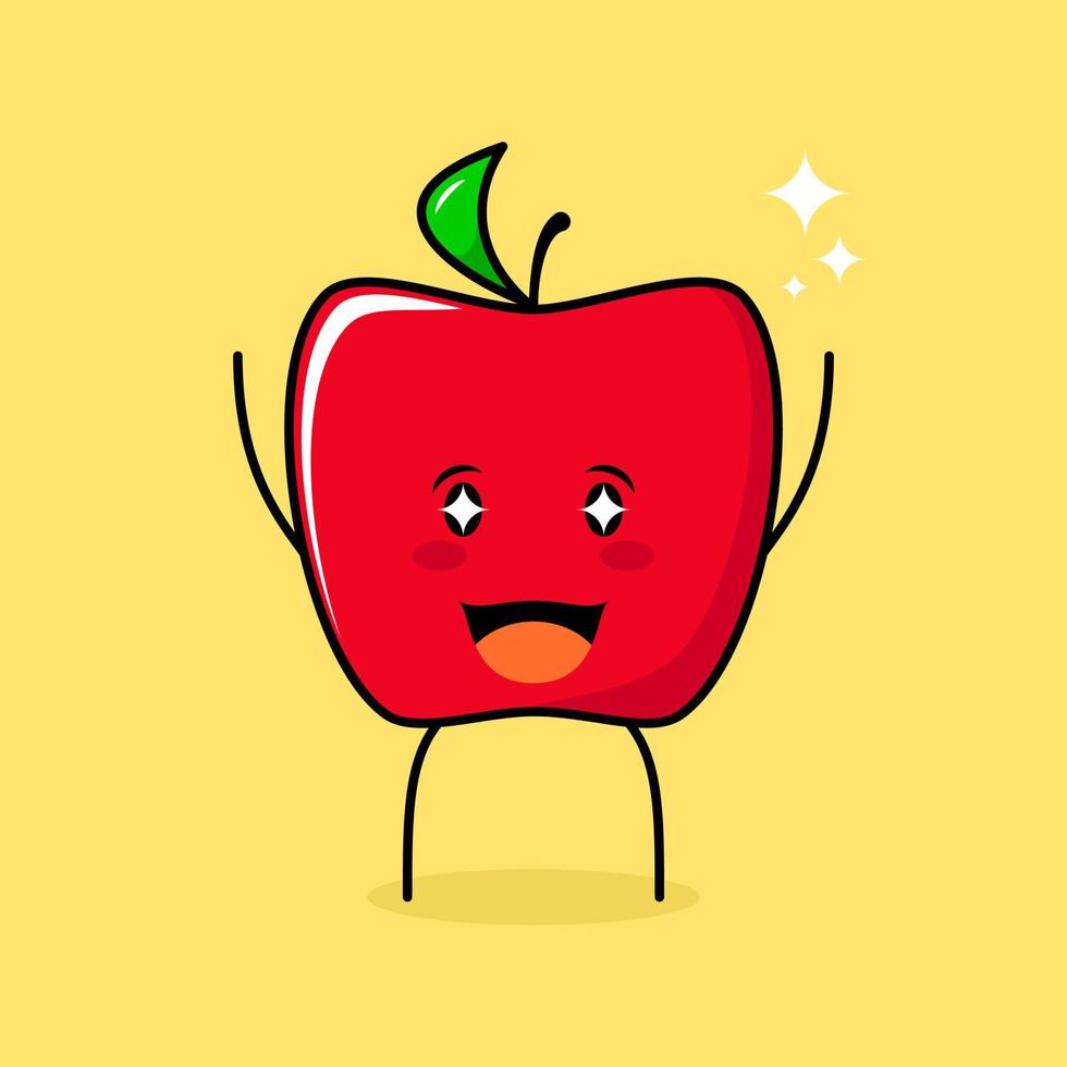 söt röd äpple karaktär med leende och glada uttryck, två händer upp, munnen öppen och gnistrande ögon. grönt och rött. lämplig för uttryckssymbol, logotyp, maskot och ikon vektor