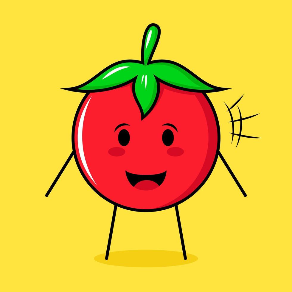 süßer tomatencharakter mit fröhlichem ausdruck und offenem mund. grün, rot und gelb. geeignet für Emoticon, Logo, Maskottchen vektor