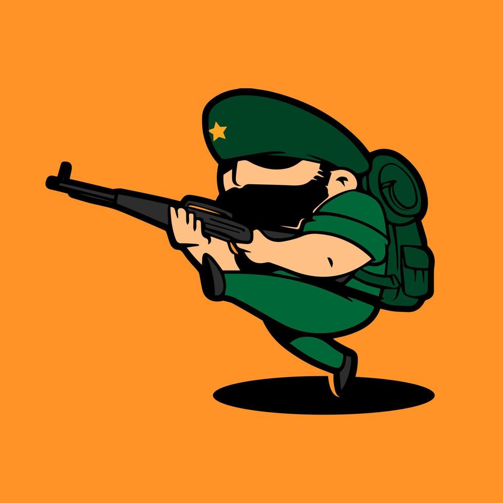 Retro-Armee-Maskottchen-Zeichentrickfigur mit Waffe beim Gehen. feier des indonesischen unabhängigkeitstages. vektor