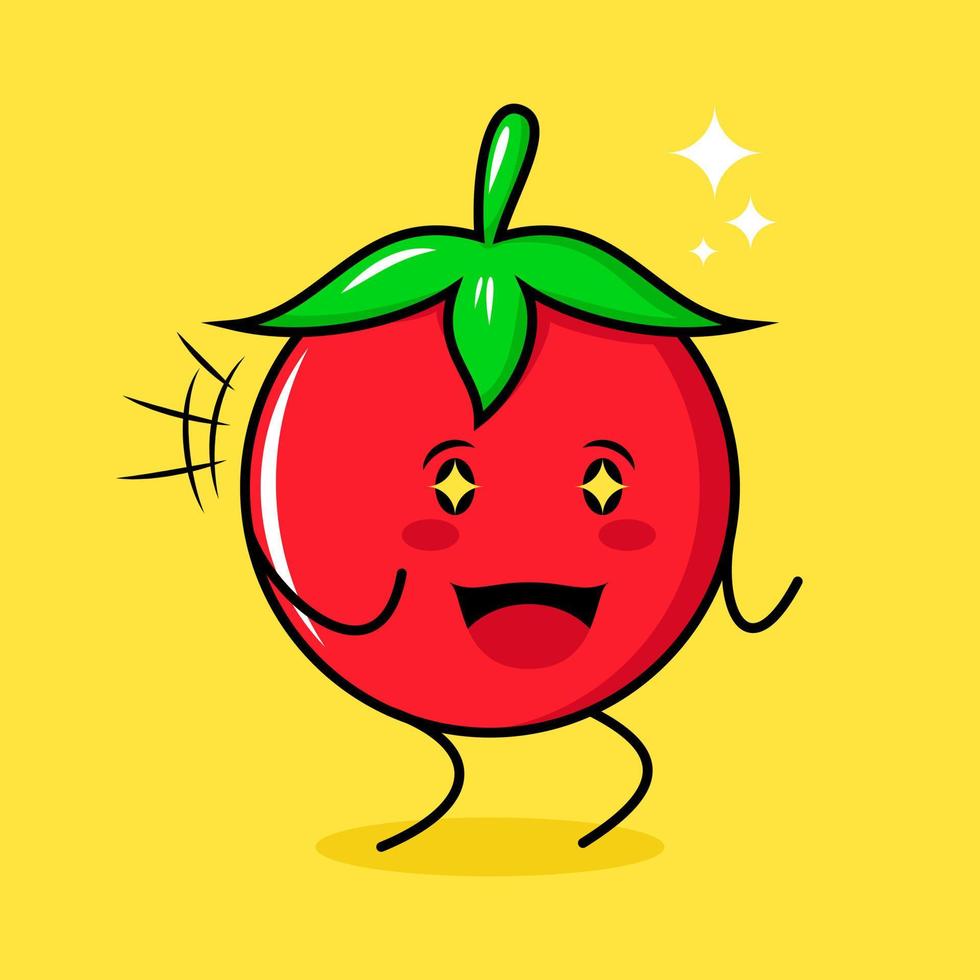 süßer Tomatencharakter mit fröhlichem Ausdruck, zwei geballten Händen und funkelnden Augen. grün, rot und gelb. geeignet für Emoticon, Logo, Maskottchen vektor