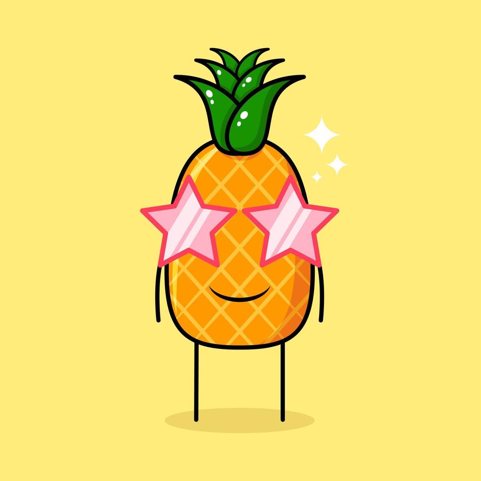 söt ananas karaktär med leende uttryck och stjärnor glasögon. grön och gul. lämplig för uttryckssymbol, logotyp, maskot eller klistermärke vektor