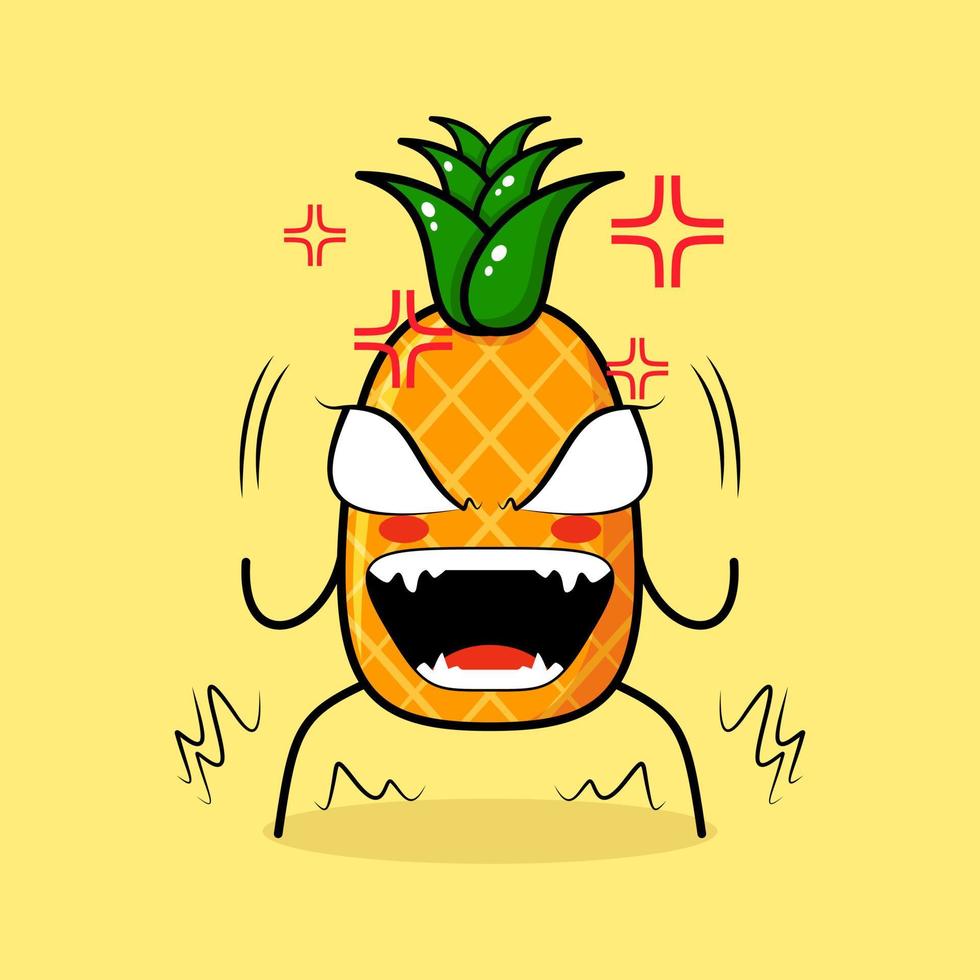 söt ananas karaktär med mycket argt uttryck. buktande ögon och vidöppen mun. grönt och gult. lämplig för uttryckssymbol, logotyp, maskot vektor