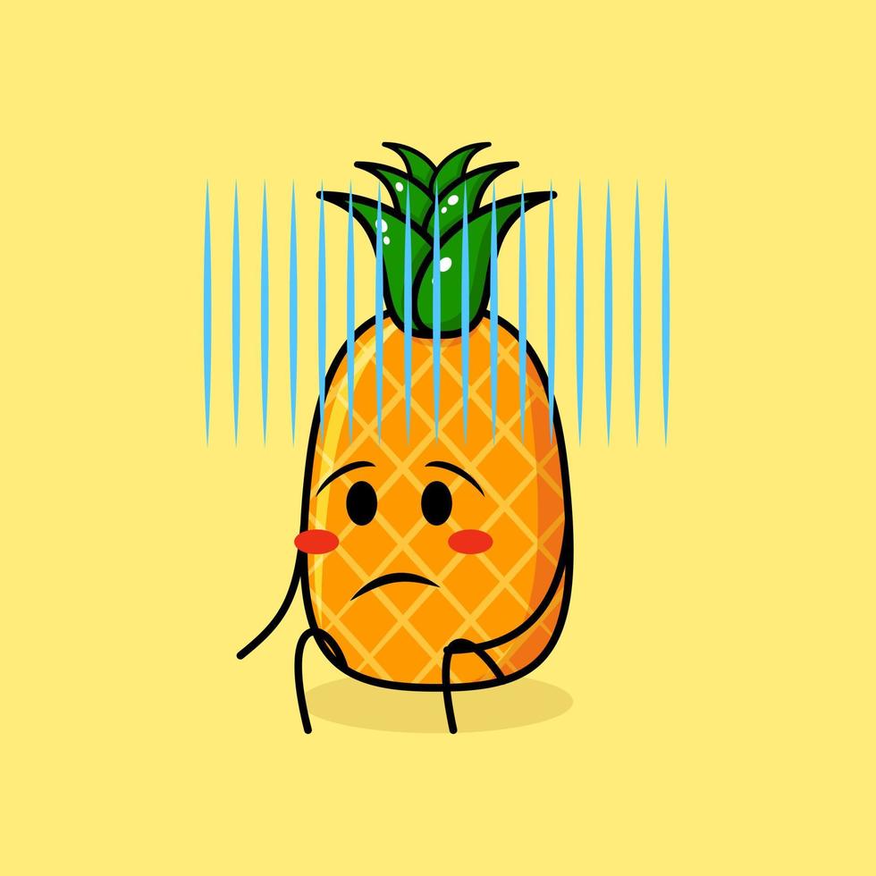 söt ananas karaktär med hopplöst uttryck och sitta ner. grönt och gult. lämplig för uttryckssymbol, logotyp, maskot vektor