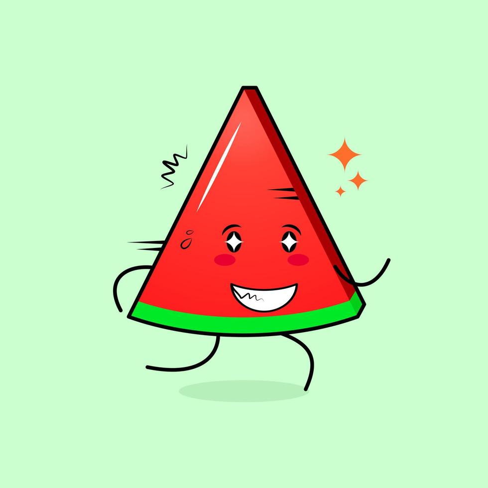 süßer wassermelonenscheibencharakter mit fröhlichem ausdruck, funkelnden augen, rennen und lächeln. grün und rot. geeignet für Emoticon, Logo, Maskottchen und Symbol vektor