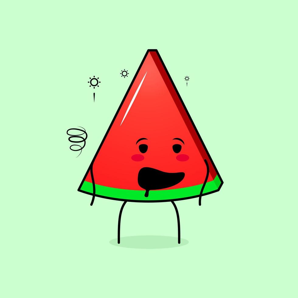 süßer wassermelonenscheibencharakter mit betrunkenem ausdruck und offenem mund. grün und rot. geeignet für Emoticon, Logo, Maskottchen und Symbol vektor