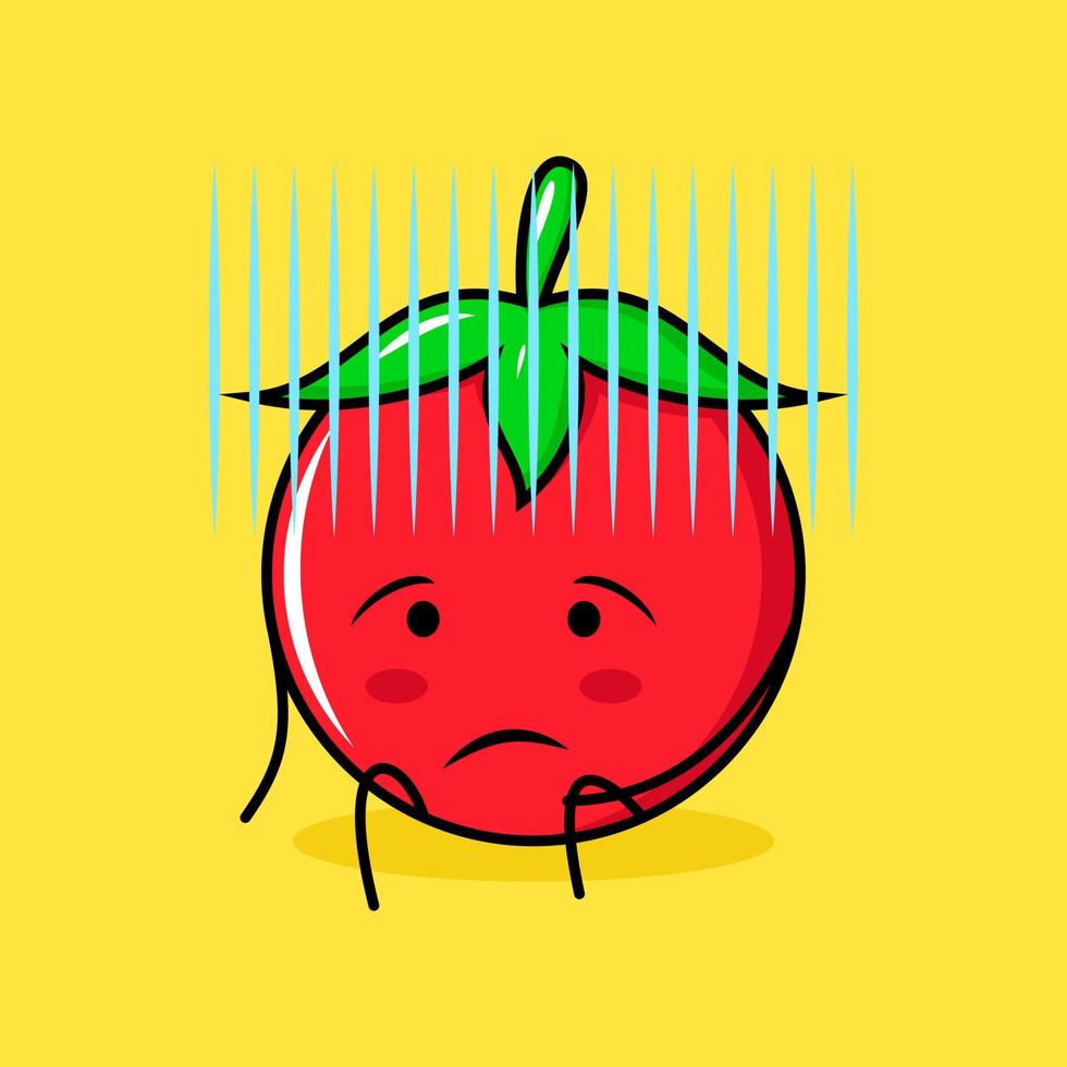 süßer tomatencharakter mit hoffnungslosem ausdruck und hinsetzen. grün, rot und gelb. geeignet für Emoticon, Logo, Maskottchen vektor