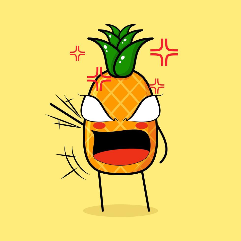 söt ananas karaktär med argt uttryck. grönt och gult. lämplig för uttryckssymbol, logotyp, maskot. ena handen höjd, ögonen buktande och munnen vidöppen vektor
