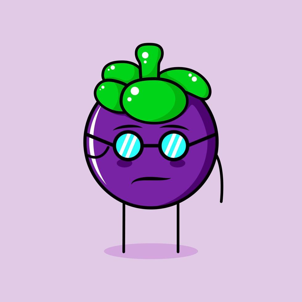 süßer mangosteen-charakter mit coolem ausdruck und brille. grün und lila. geeignet für Emoticon, Logo, Maskottchen oder Aufkleber vektor