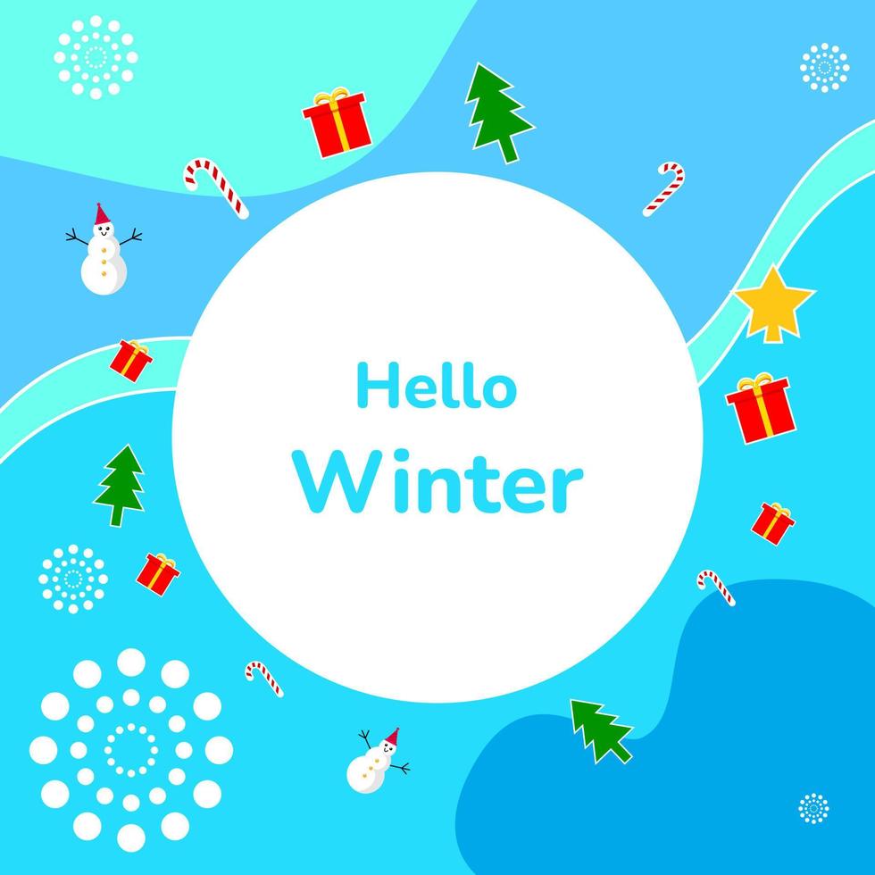 Winterhintergrund mit Schneemann, Stern, Baum, Geschenkbox und Zuckerstange. geeignet für Grußkarten, Feed-Social-Media und Flyer vektor