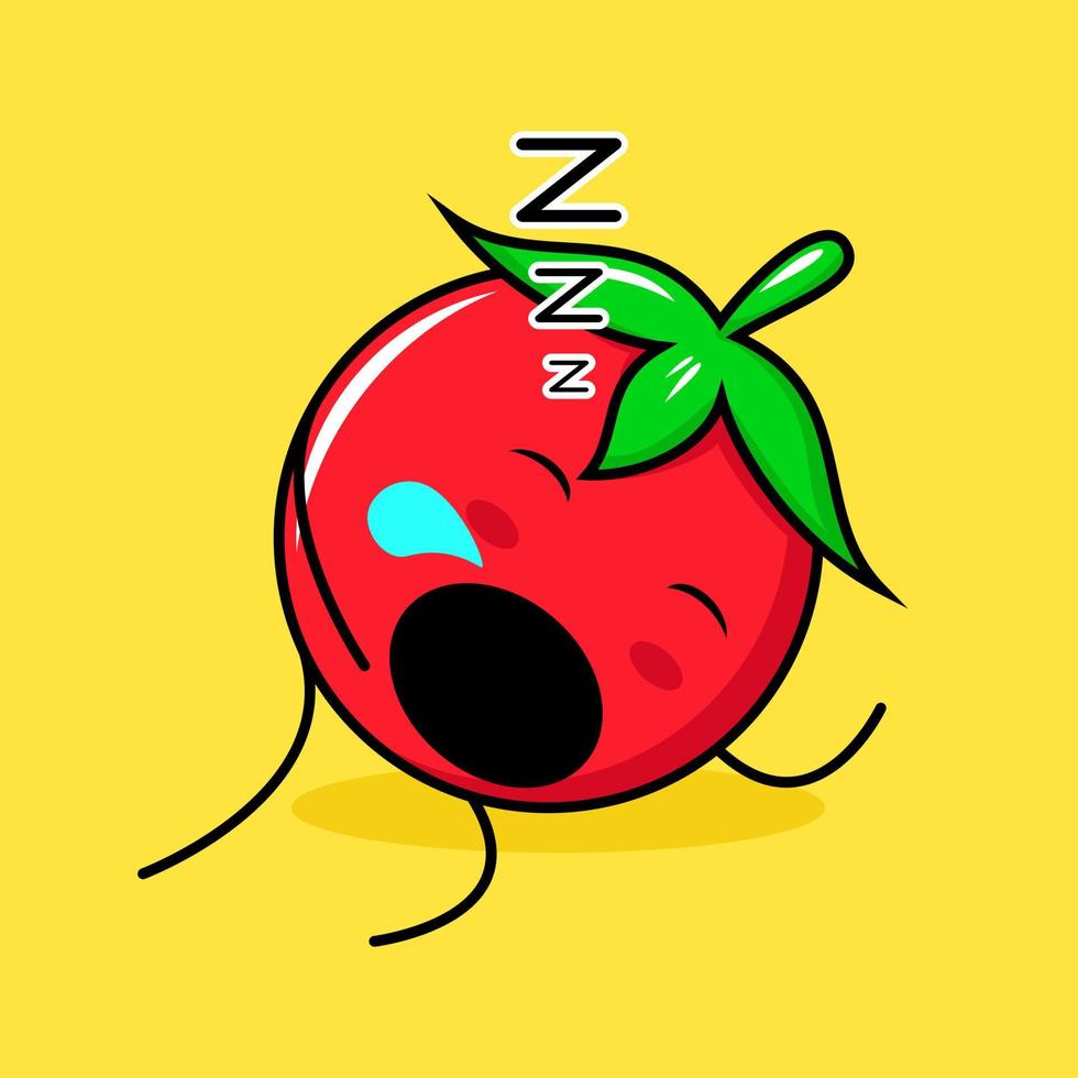 süßer tomatencharakter mit schlafausdruck und offenem mund. grün, rot und gelb. geeignet für Emoticon, Logo, Maskottchen vektor