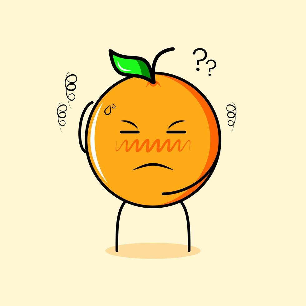 söt orange karaktär med tänkande uttryck, en hand på huvudet och nära ögonen. lämplig för uttryckssymbol, logotyp, maskot eller klistermärke vektor