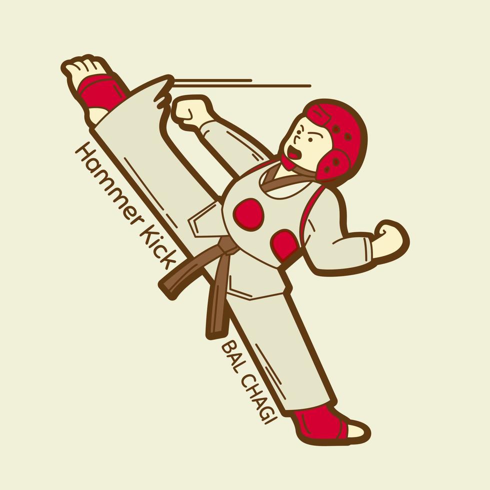 Taekwondo-Kinder-Zeichentrickfigur in Hammertritt-Pose. geeignet für Taekwondo-Community-Waren wie T-Shirts, Tassen usw. vektor