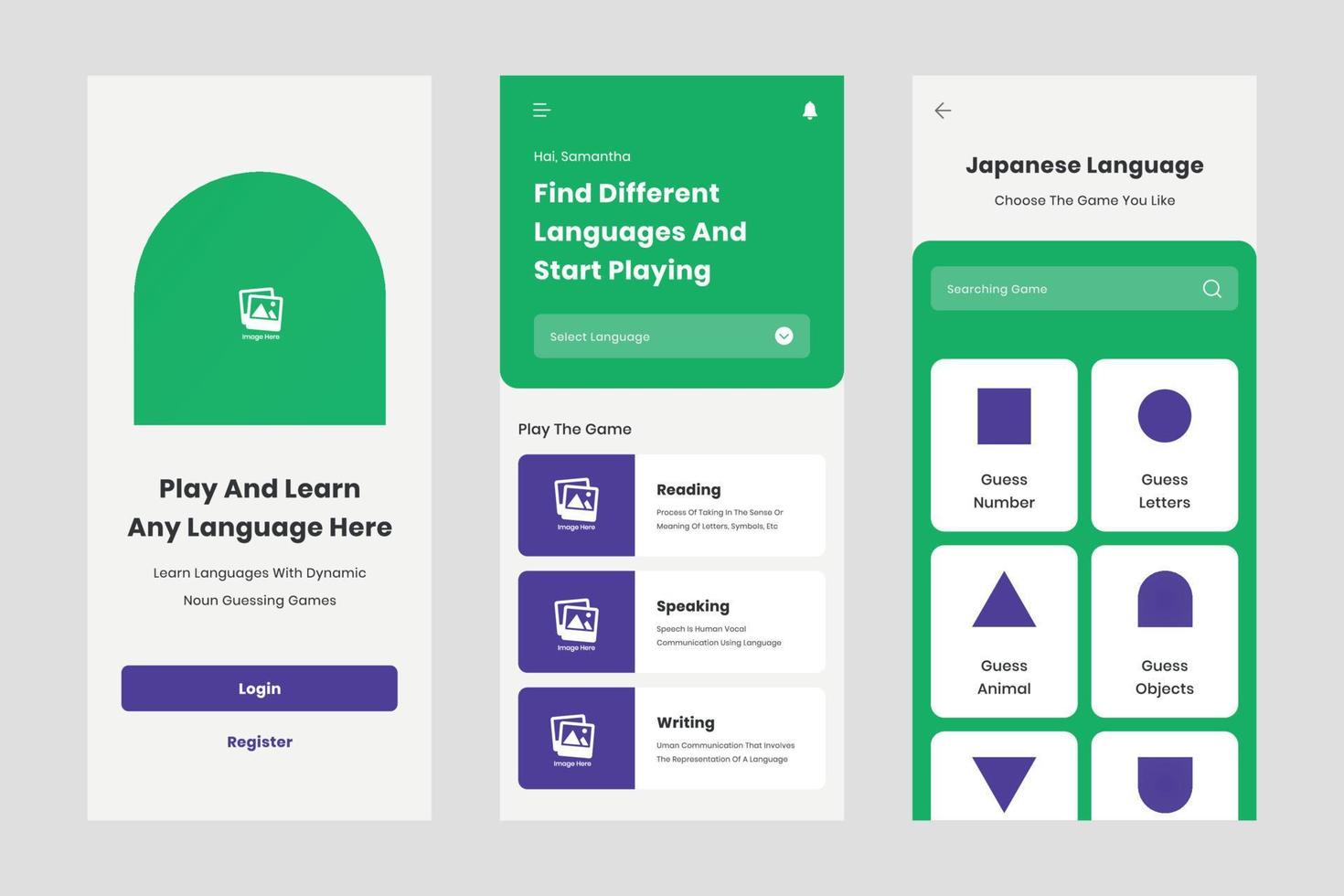 enkel studie språk ui designmall vektor. lämplig designapplikation för Android och iOS. ren app mobil och snygg färg vektor