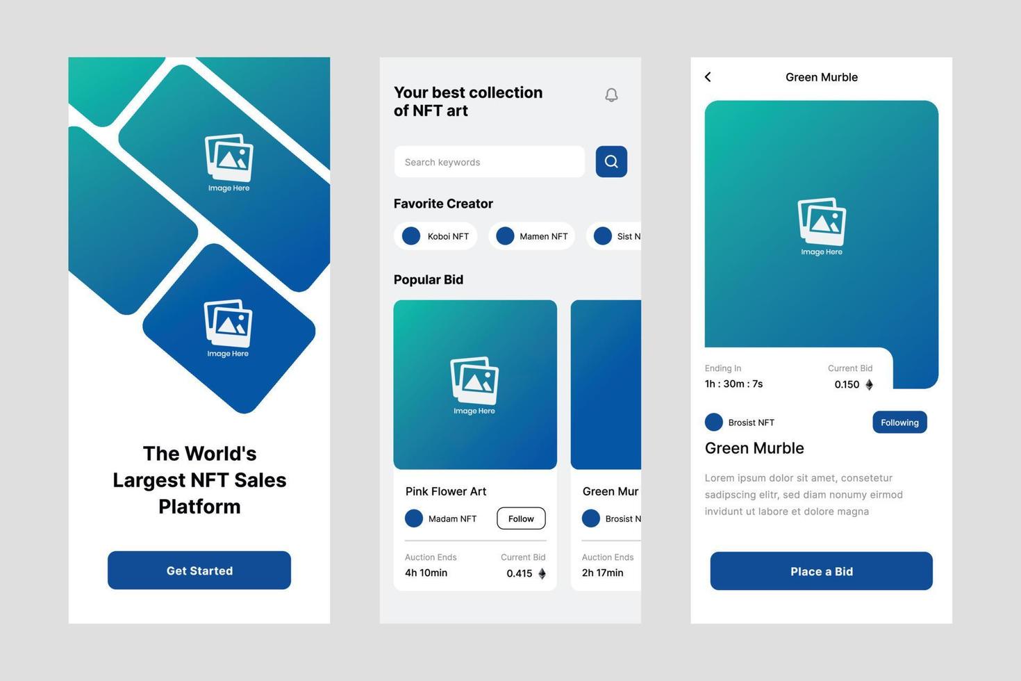 stilvoller nft ui designvorlagenvektor. geeignete designanwendung für android und ios. App im sauberen Stil für Mobilgeräte vektor