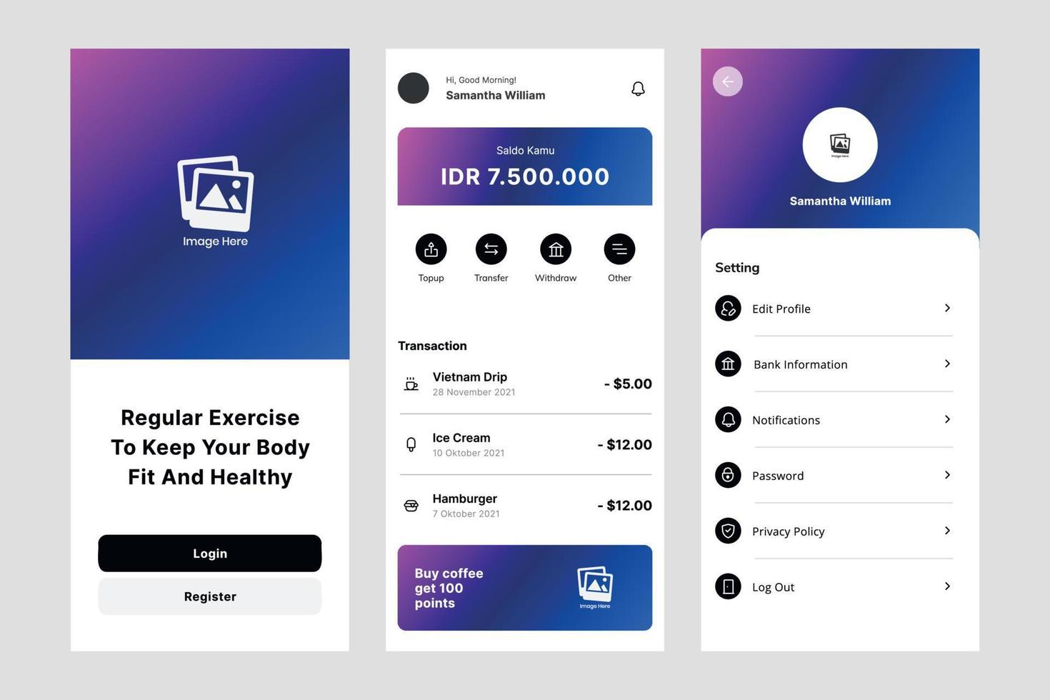 Wallet ui Design-Vorlagenvektor. geeignete designanwendung für android und ios. App im sauberen Stil für Mobilgeräte vektor
