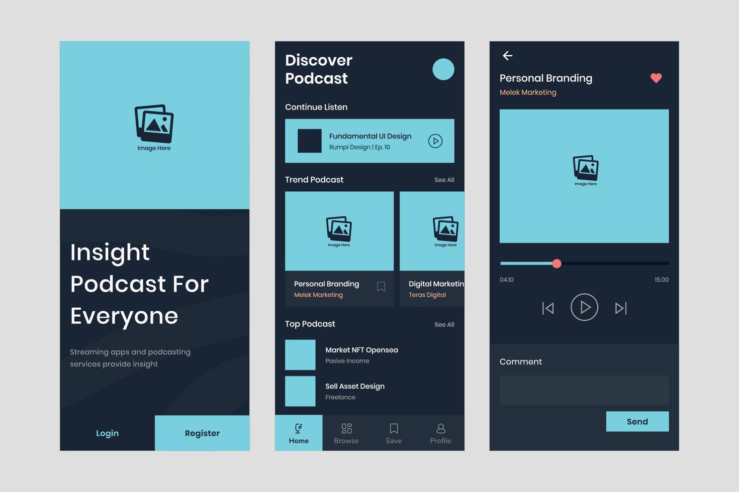 podcast ui designvorlagenvektor. geeignete designanwendung für android und ios. App im sauberen Stil für Mobilgeräte vektor