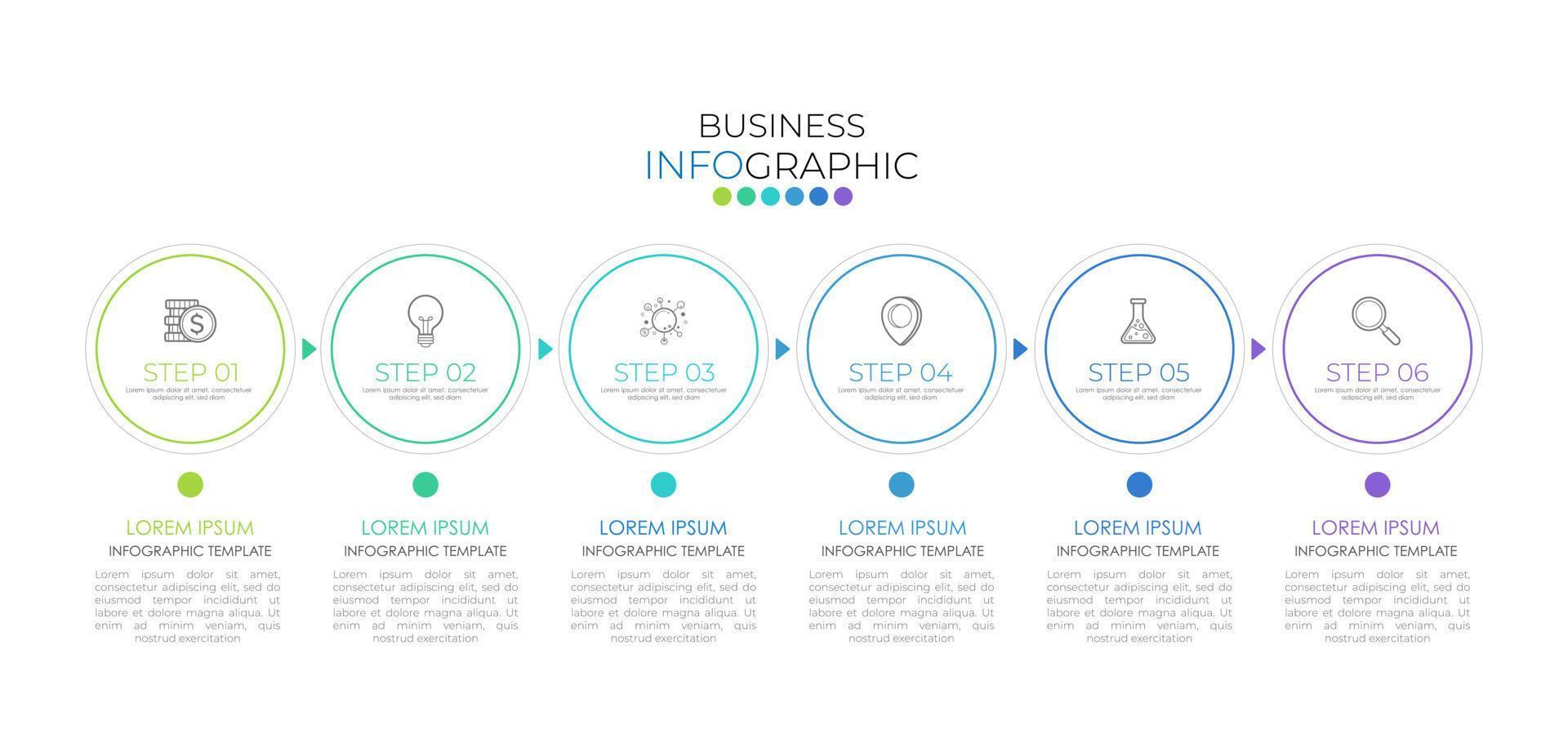 Die Infografik-Designvorlage kann für Präsentationen, Banner, Grafiken, Geschäftsabläufe und Diagramme verwendet werden. Moderne flache Zeitachsenvorlage mit 6 Optionen, Teilen, Schritt für Prozess. abstrakte Vorlage. vektor