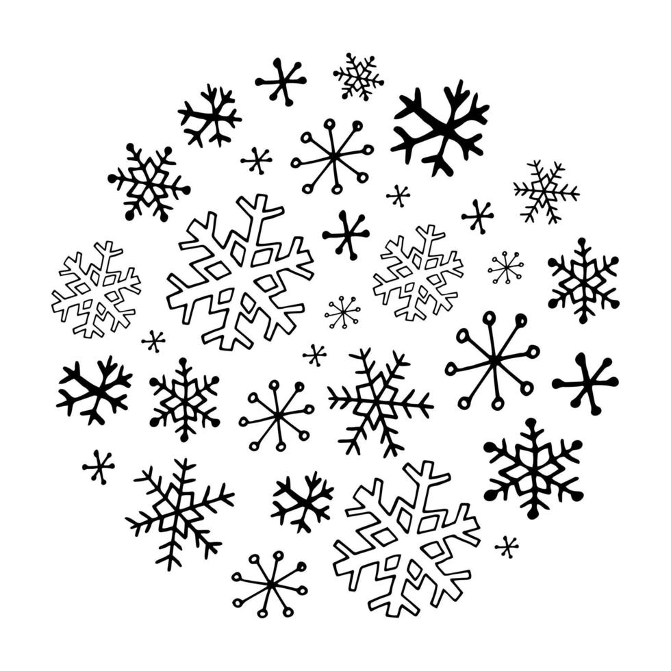 samling av doodle snöflingor. enkla handritade vinterillustrationer. julkort, gott nytt år vektor