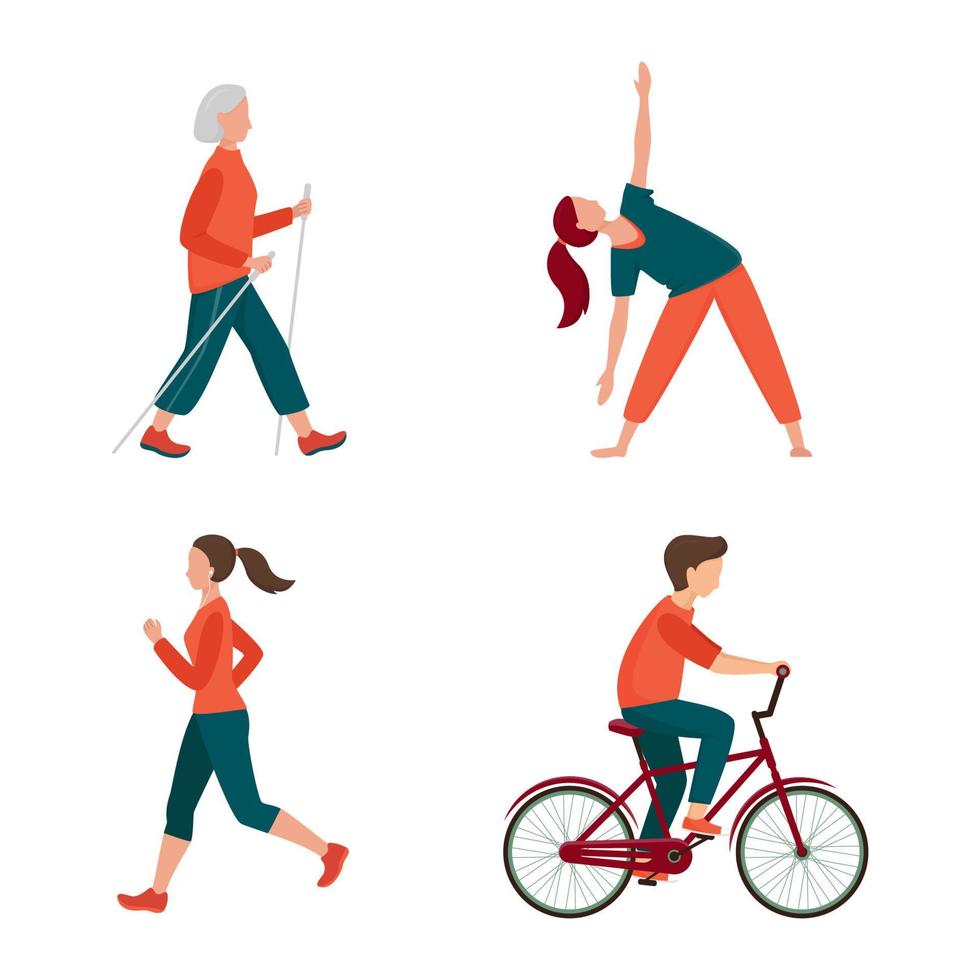 utomhusaktivitet. olika människor som isolerade på vitt. män och kvinnor har utomhusaktiviteter. jogging, cykling, stavgång, utomhusyoga. rekreation, sport vektorillustration vektor