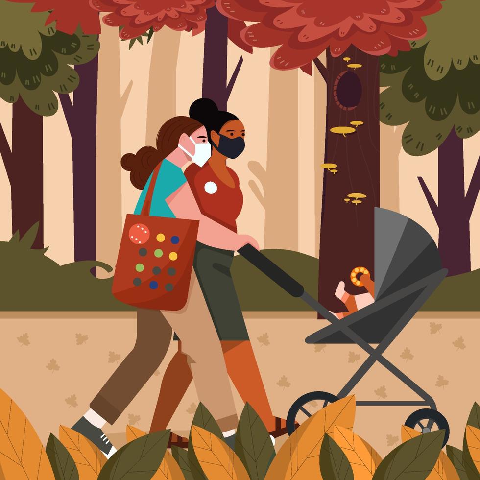 kvinnor med barnvagn gå i park koncept vektor