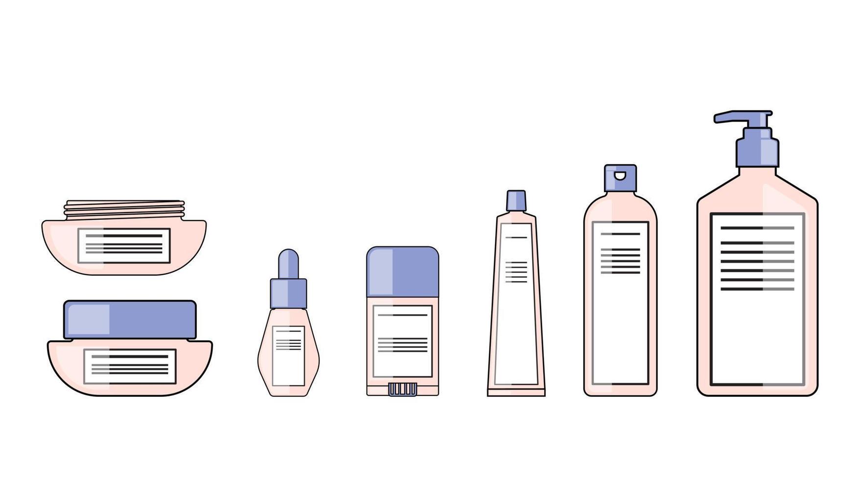 farb- und umrisskörperlotionen, serum, sonnencreme, cremeverpackungspumpflasche kosmetisches flaches design vektor