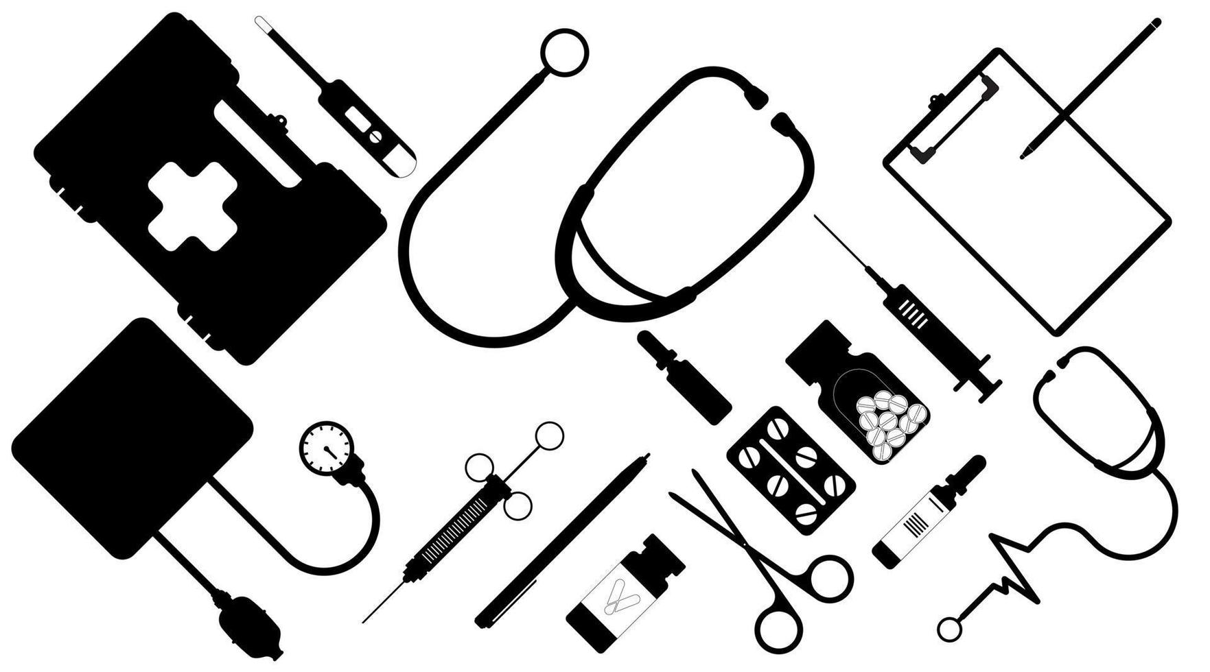 silhouette medizinische ausrüstung, zahnheilkunde, zahnmedizin, medikamente, medizin, pillenvektorillustation vektor