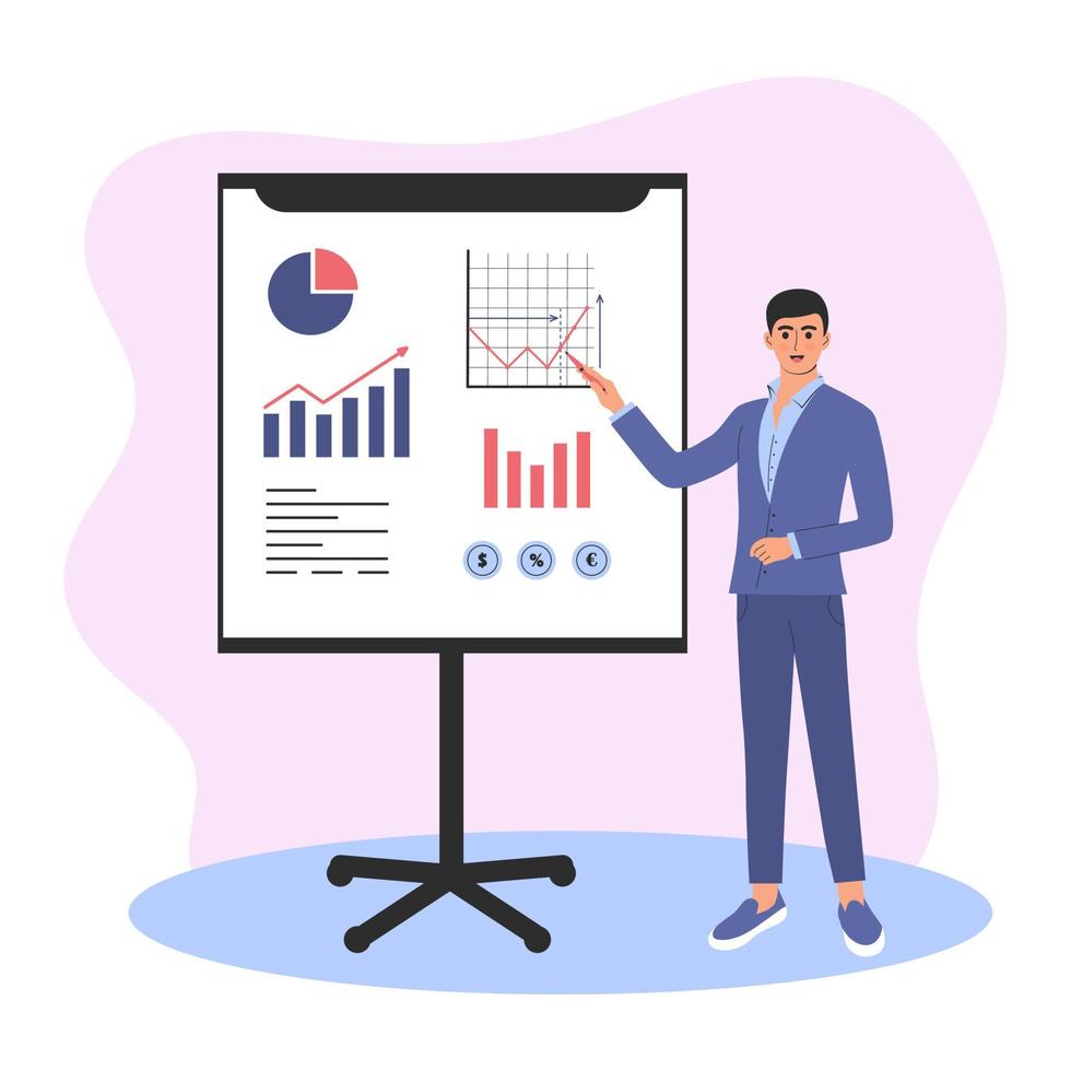 Finanzexperte hält eine Präsentation. geschäftsmann mit stift, der an der tafel mit diagrammen, kurven und infografiken steht. vektor