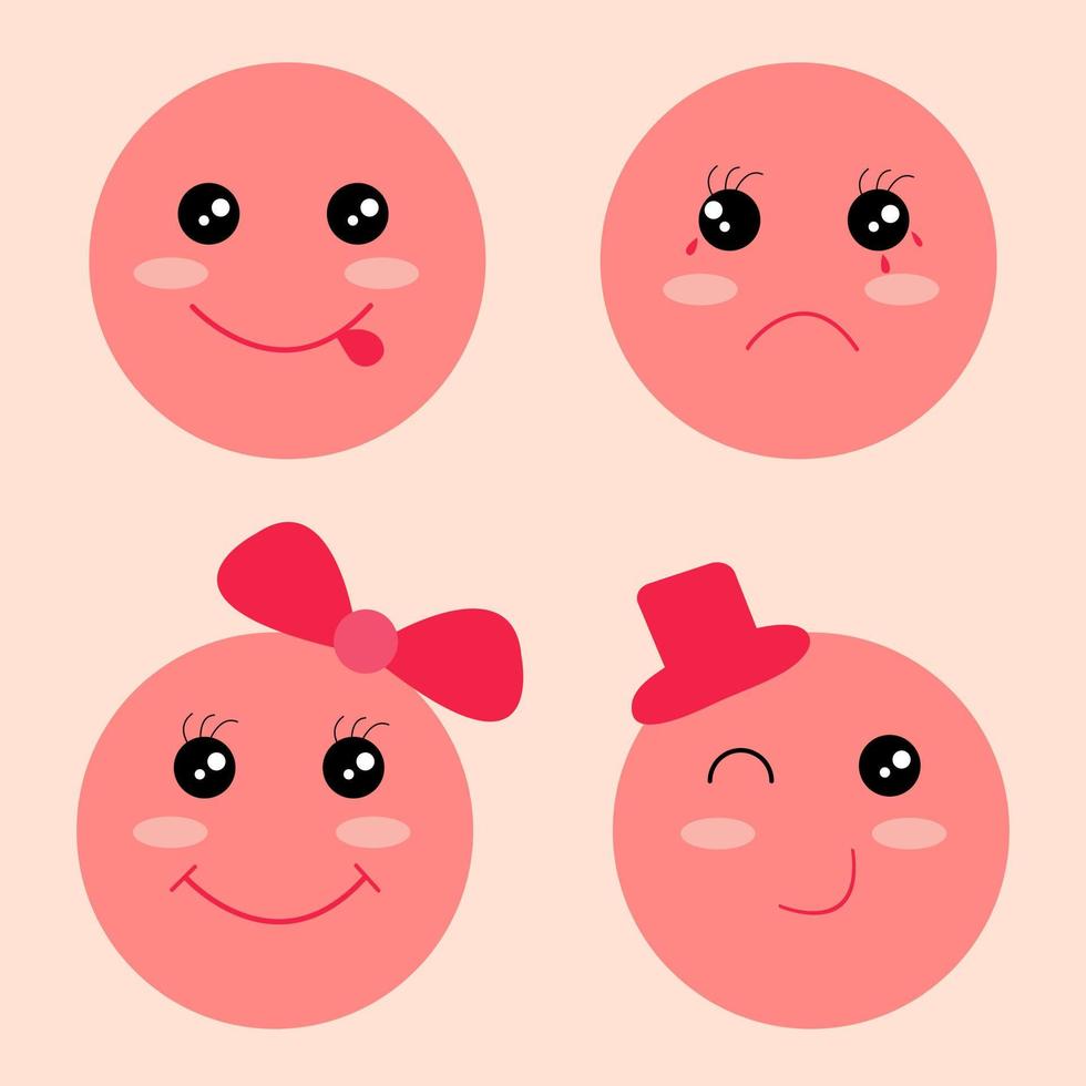 rosa gesichtscharakter emoticons in lächeln, weinen, dame und herrn gesichtsausdrücke. süßes lustiges kawaii emoji-set. vektor