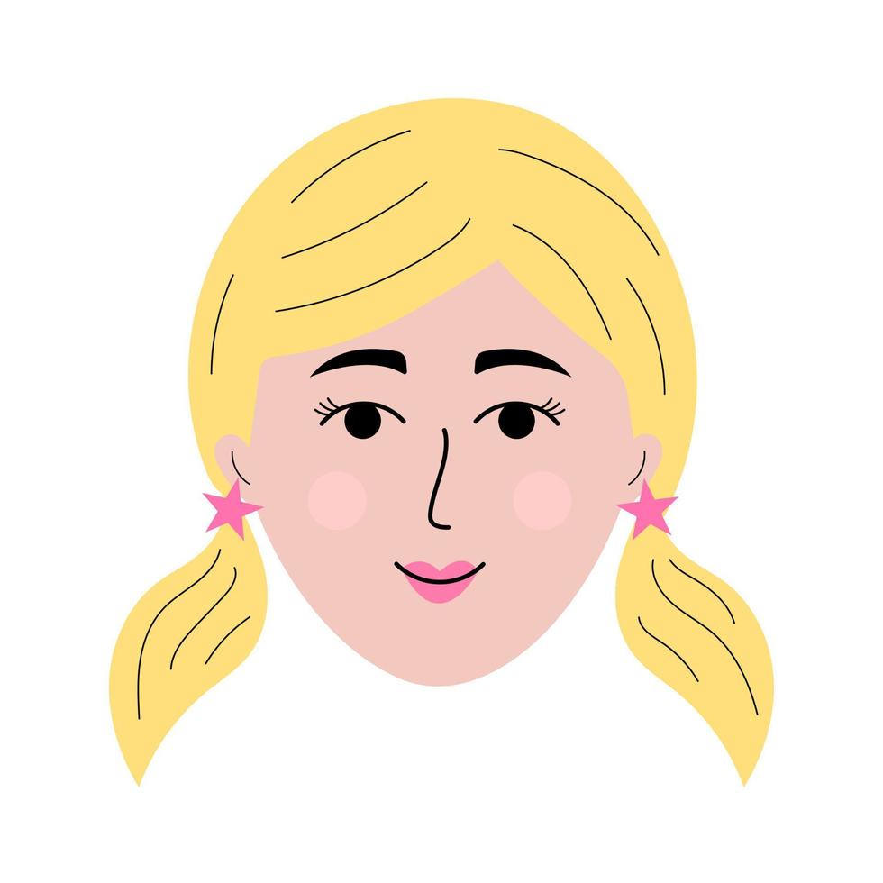 flickansikte i doodle stil. färgglad avatar av blondhårig kvinna med hästsvansar. vektor