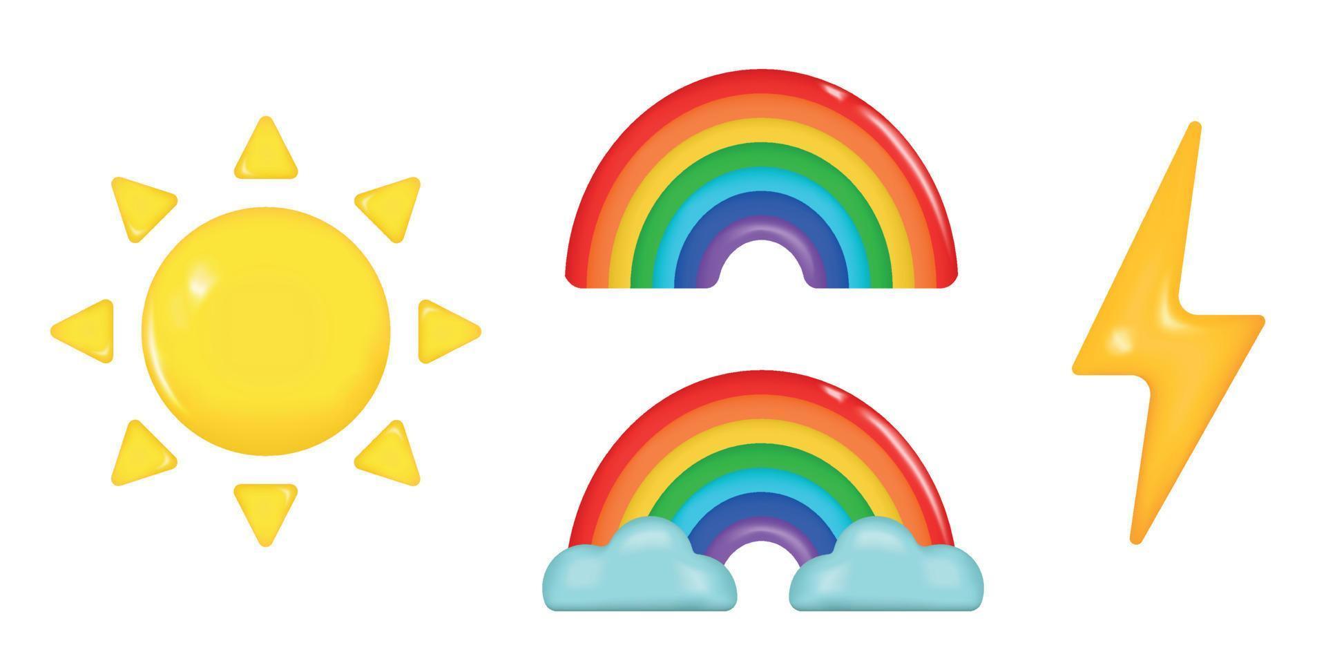 set emoji symbol, gelbe sonne und blitz, bunter regenbogen. realistische glänzende 3d-emotionen. Vektor-Illustration vektor