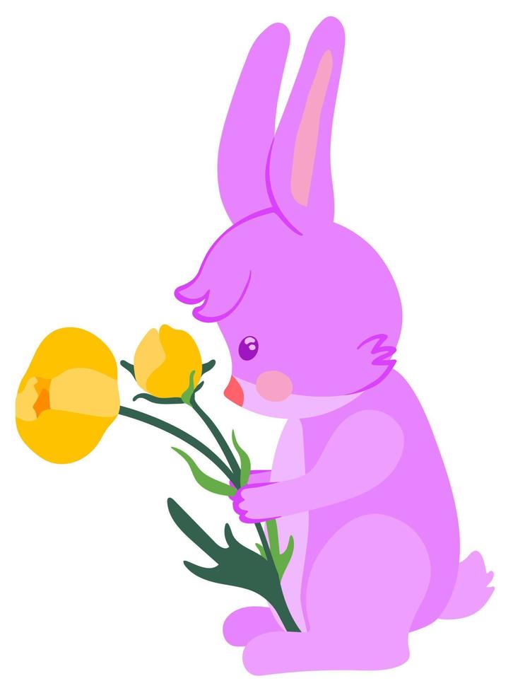 lila Kaninchen mit Butterblumen. hand gezeichnete vektorillustration. geeignet für Aufkleber, Grußkarten, Geschenkpapier. vektor