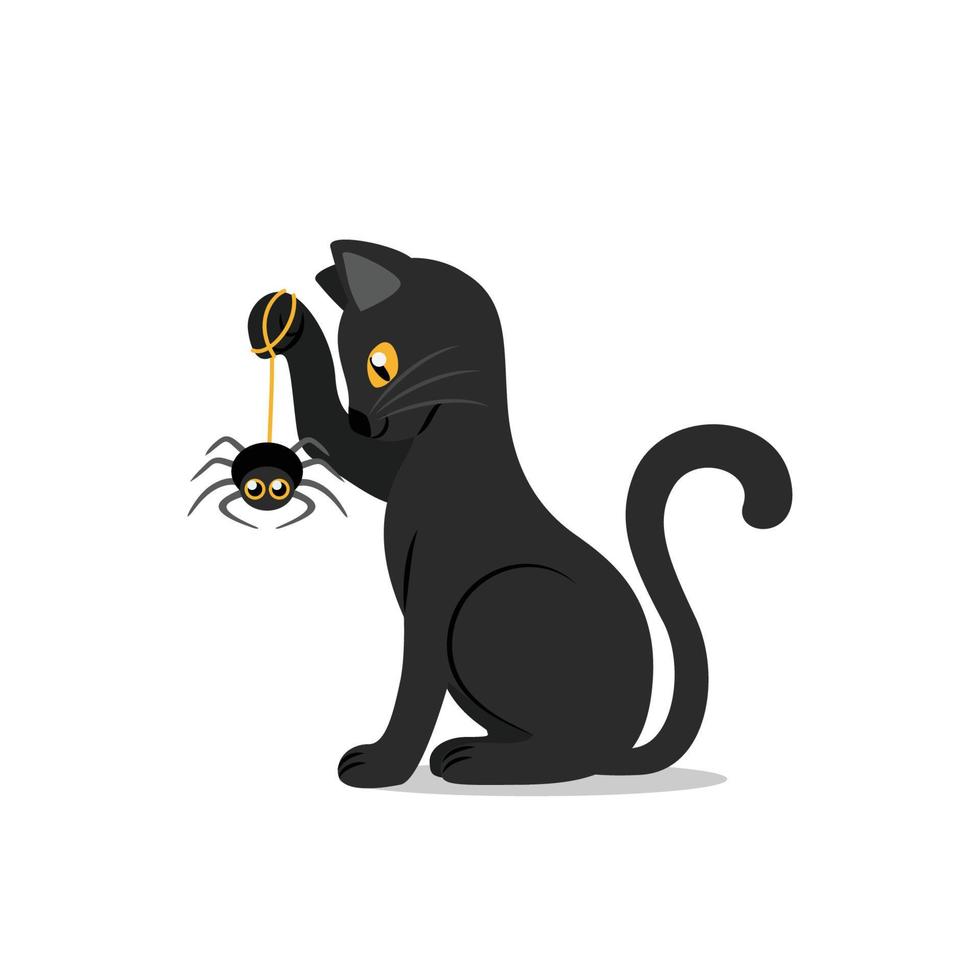 Süße schwarze Katze mit gelben Augen, die eine lustige Spinne in ihrer Pfote hält vektor