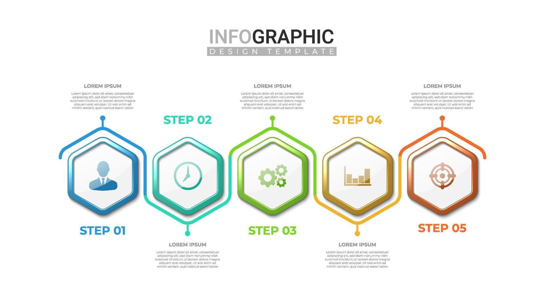 3D realistische Infografik in 5 Schritten. professionelle Infografik mit sechseckiger Form mit buntem Farbverlauf. Geschäftsinformationen Schritte mit Symbol vektor