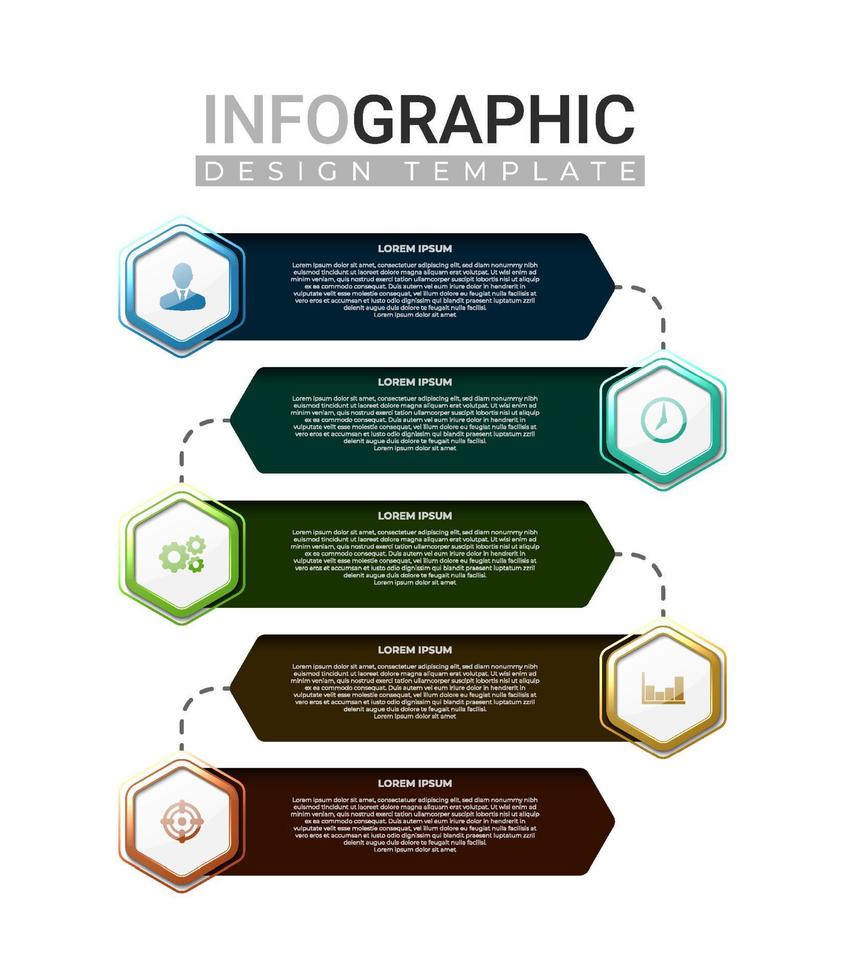 3D realistisk infografisk etikett i 5 steg. horisontell infographic med färgglad toning hexagonal form. affärsinformation steg med ikonen vektor