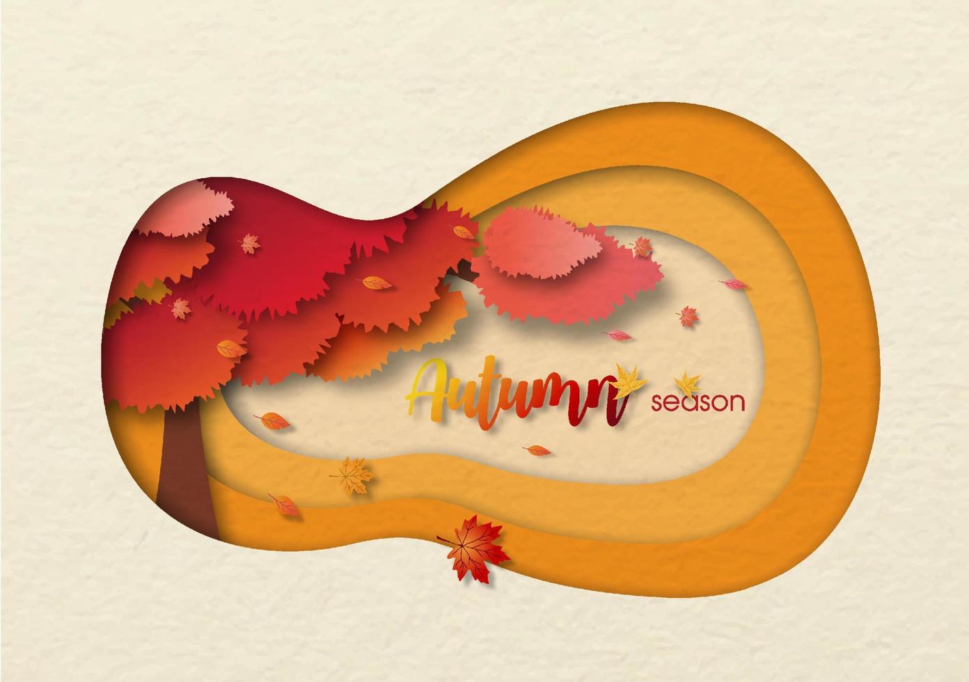 kleiner Ahornbaum im Herbst und Herunterblasen der Blätter mit dem Wortlaut der Saison, alles in Höhlenloch und Scherenschnitt-Design auf cremefarbenem Hintergrund. vektor