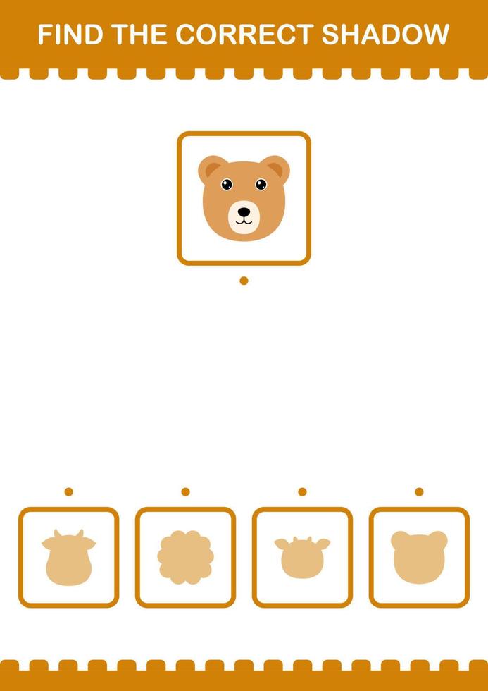 Finden Sie das richtige Gesicht des Schattenbären. Arbeitsblatt für Kinder vektor
