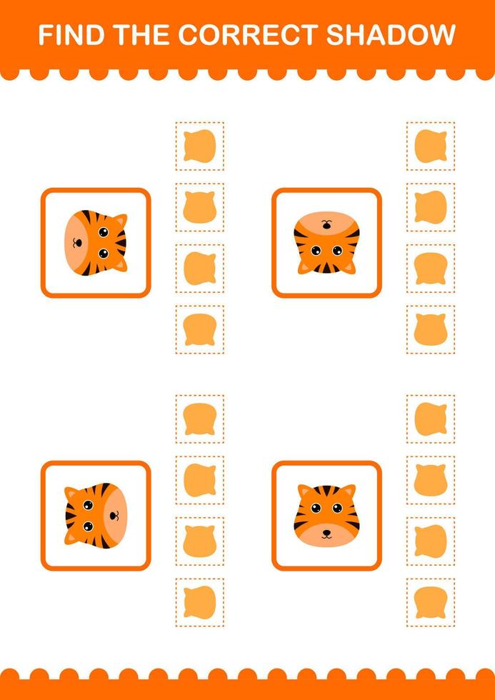 hitta rätt skugga tiger ansikte. arbetsblad för barn vektor