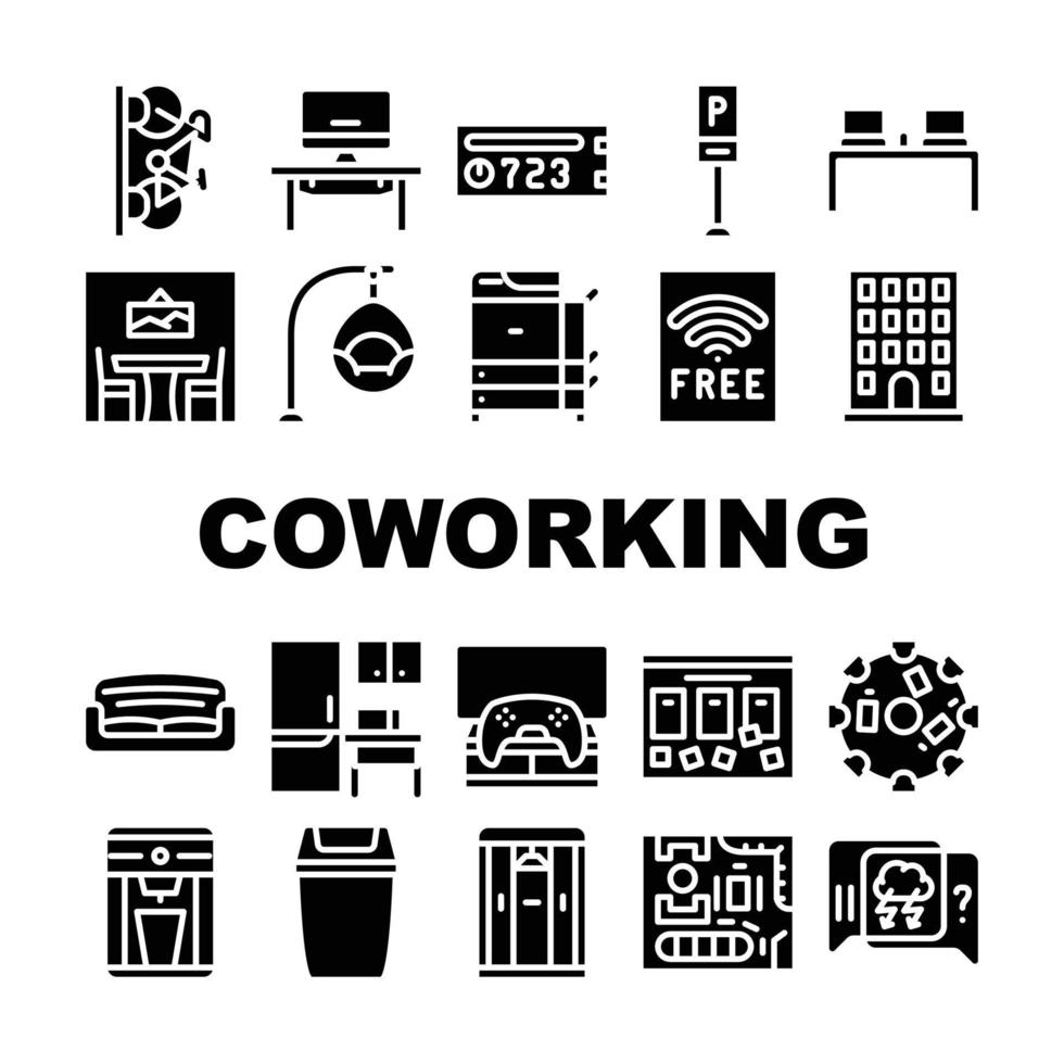 Coworking-Arbeitsbüro-Sammlungsikonen stellten Vektor ein