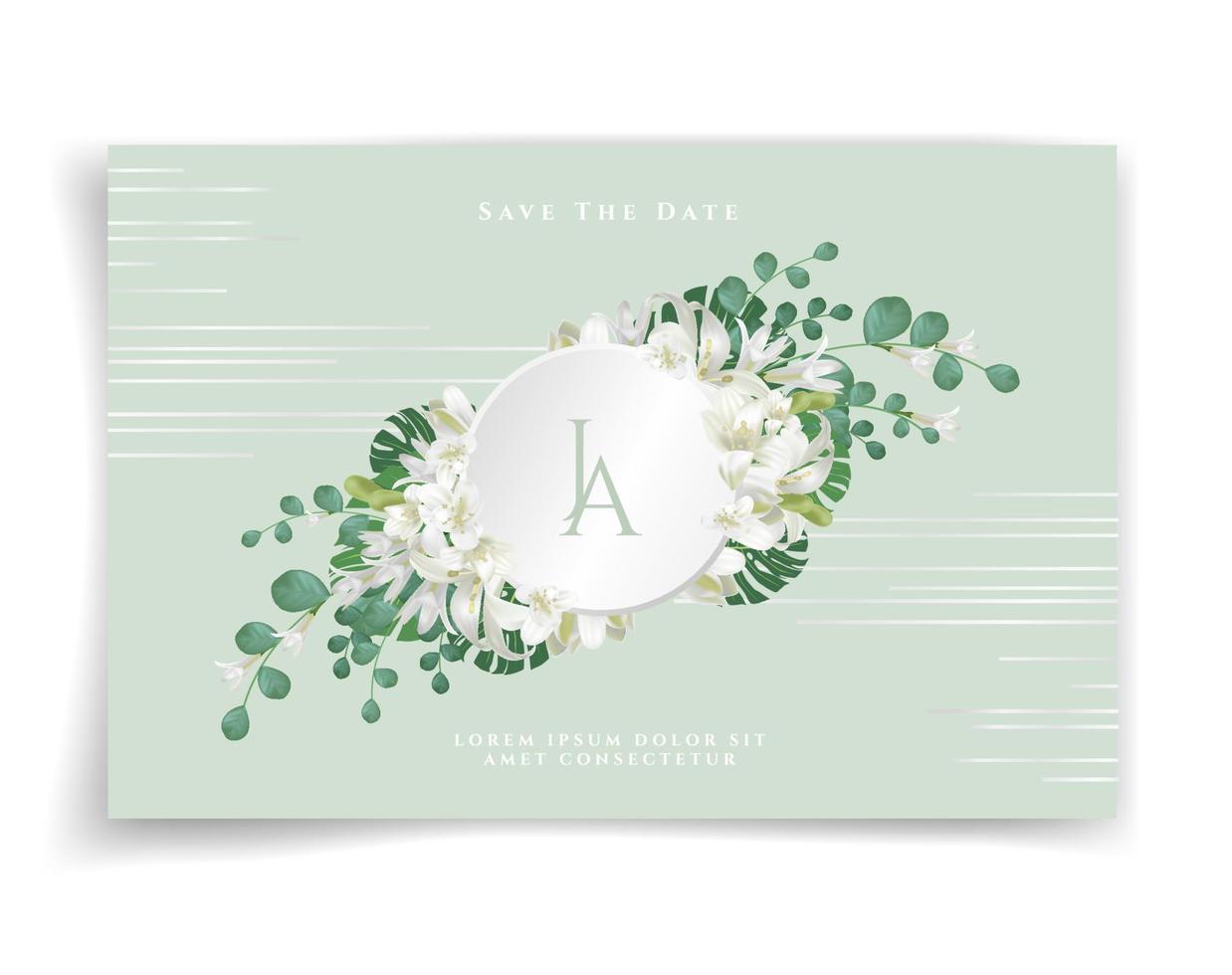 blommigt bröllopskort eller inbjudningskort på grön bakgrund vektor