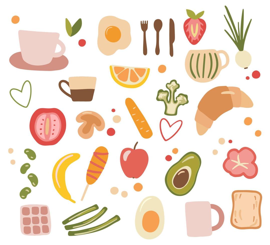 satz frühstücksnahrung und gemüse im handgezeichneten stil. flache illustrationen isoliert auf weiß. kritzelt apfel, brokkoli, croissant, wurst, rührei, avocado. vektor