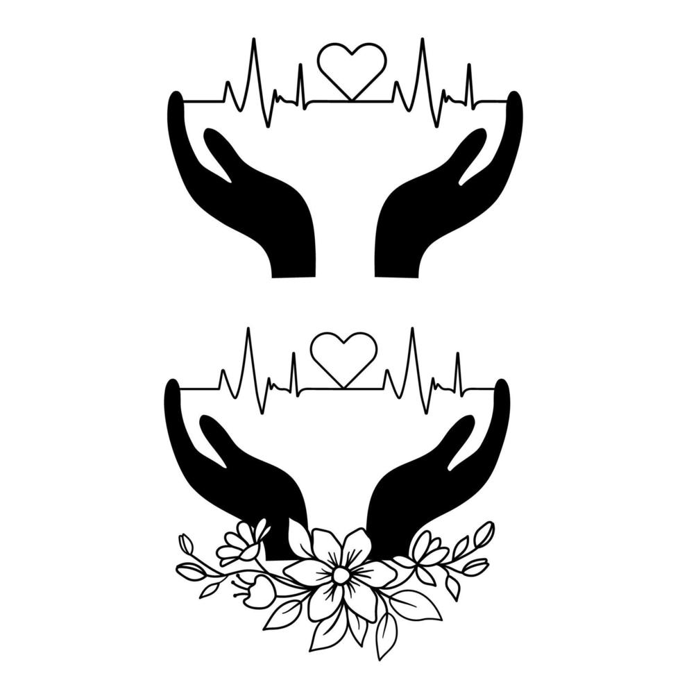 hjärta ikon med tecken hjärtslag i händerna. vektor illustration. hjärtslag medicinsk logotyp i konturstil.