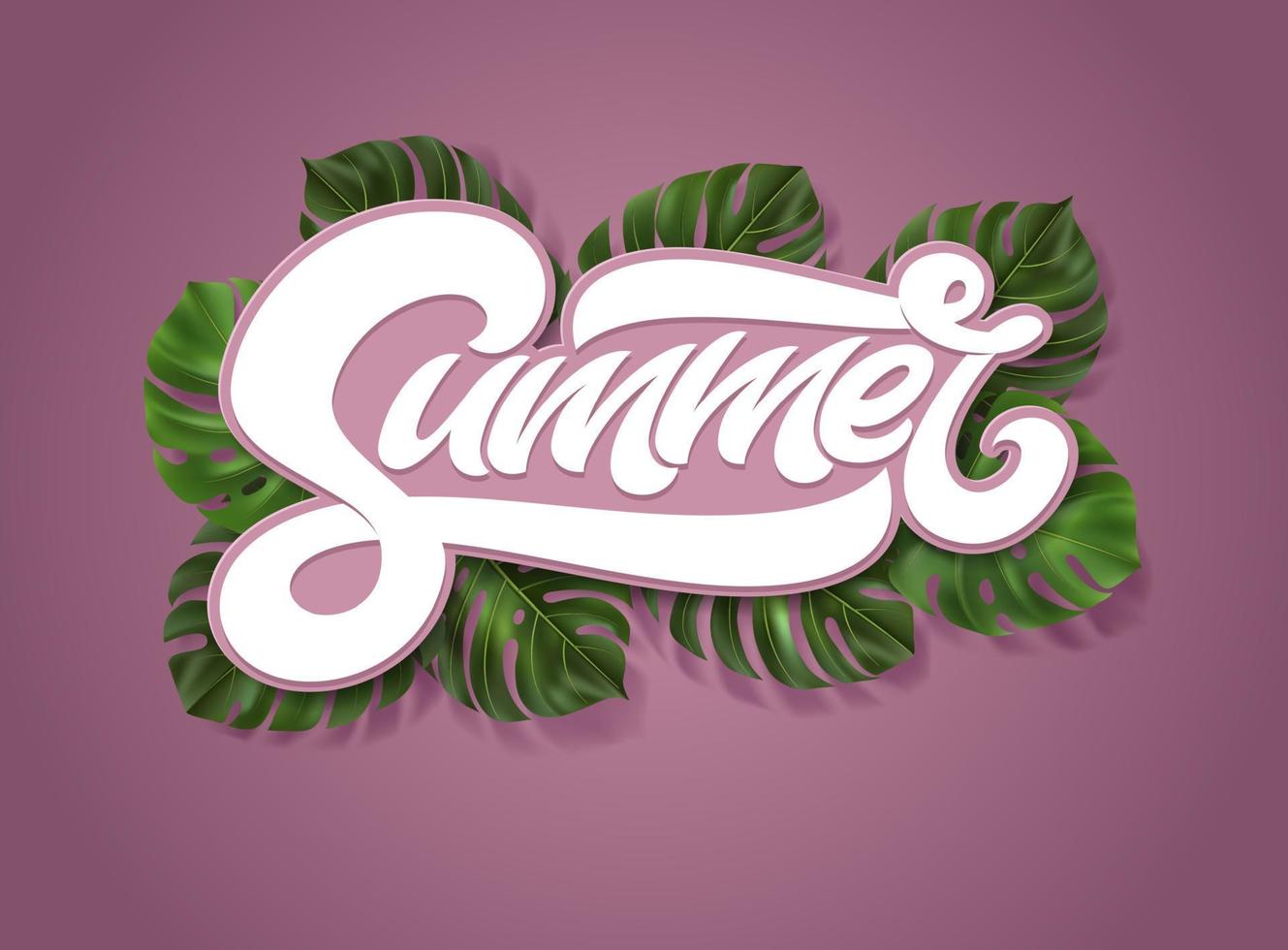 sommar inskription med tropiska löv monstera på rosa bakgrund. vektor illustration med handstil bokstäver för omslag, affisch, banner, inbjudningskort, annons, webbdesign. faux fet typografi