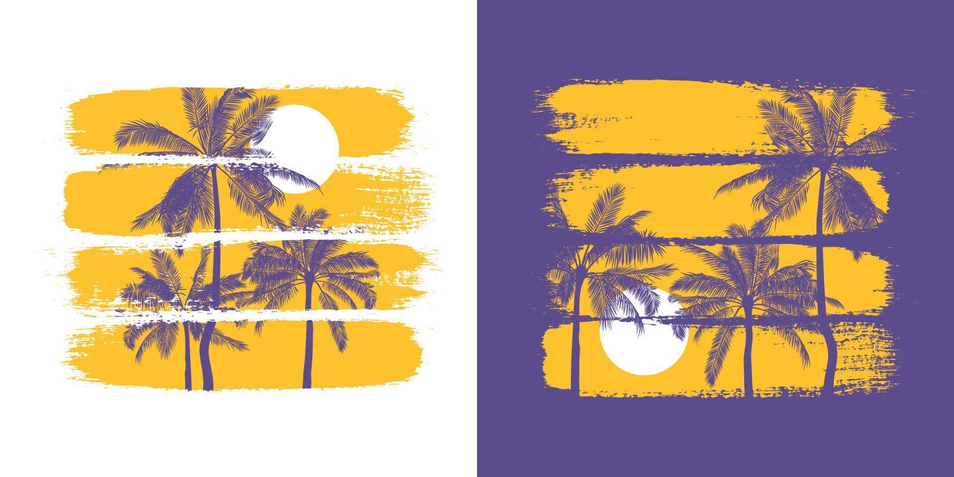 Botanische Illustration von Silhouetten von Palmen und Sonne mit bunten Pinselstrichen. Vektorvorlage für Druck und Design im tropischen Stil. sommerplakat in den farben gelb und lila vektor