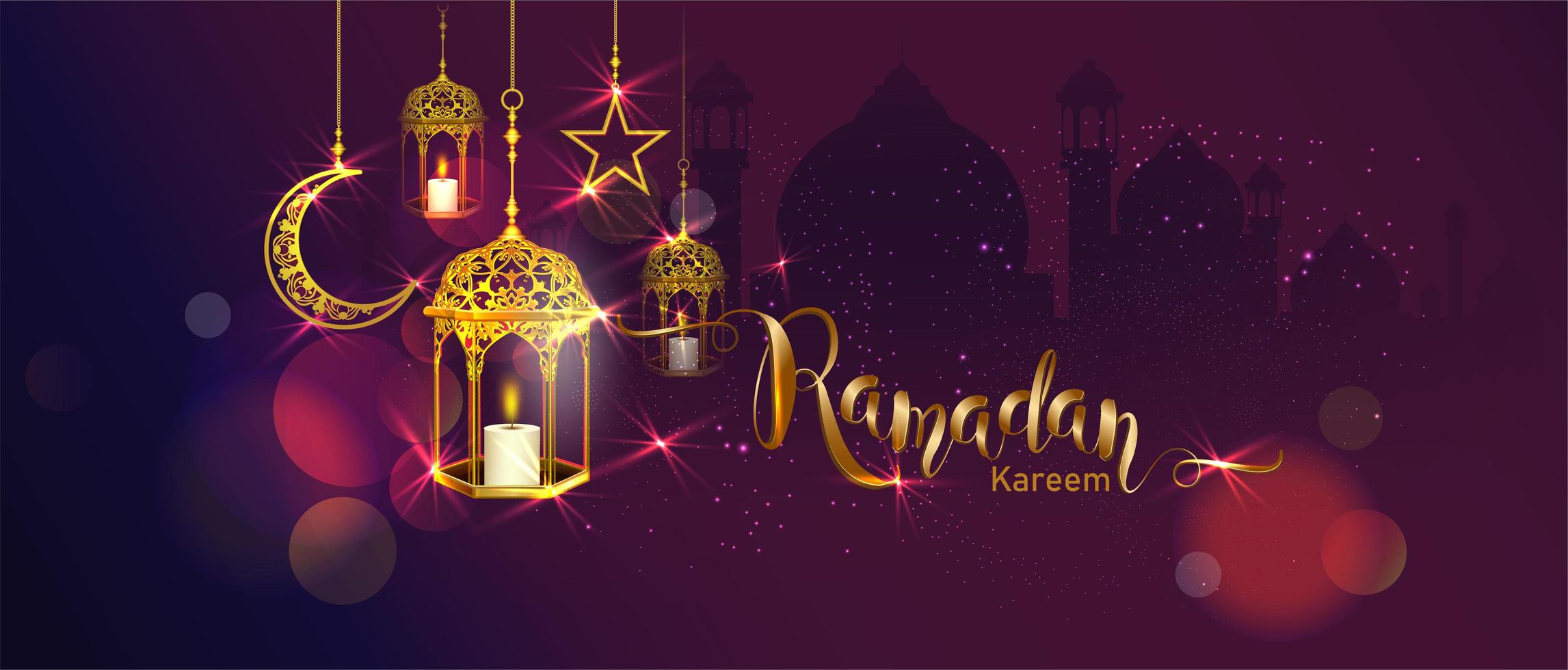 ramadan kareem banner med hängande lyktor, måne och stjärna vektor